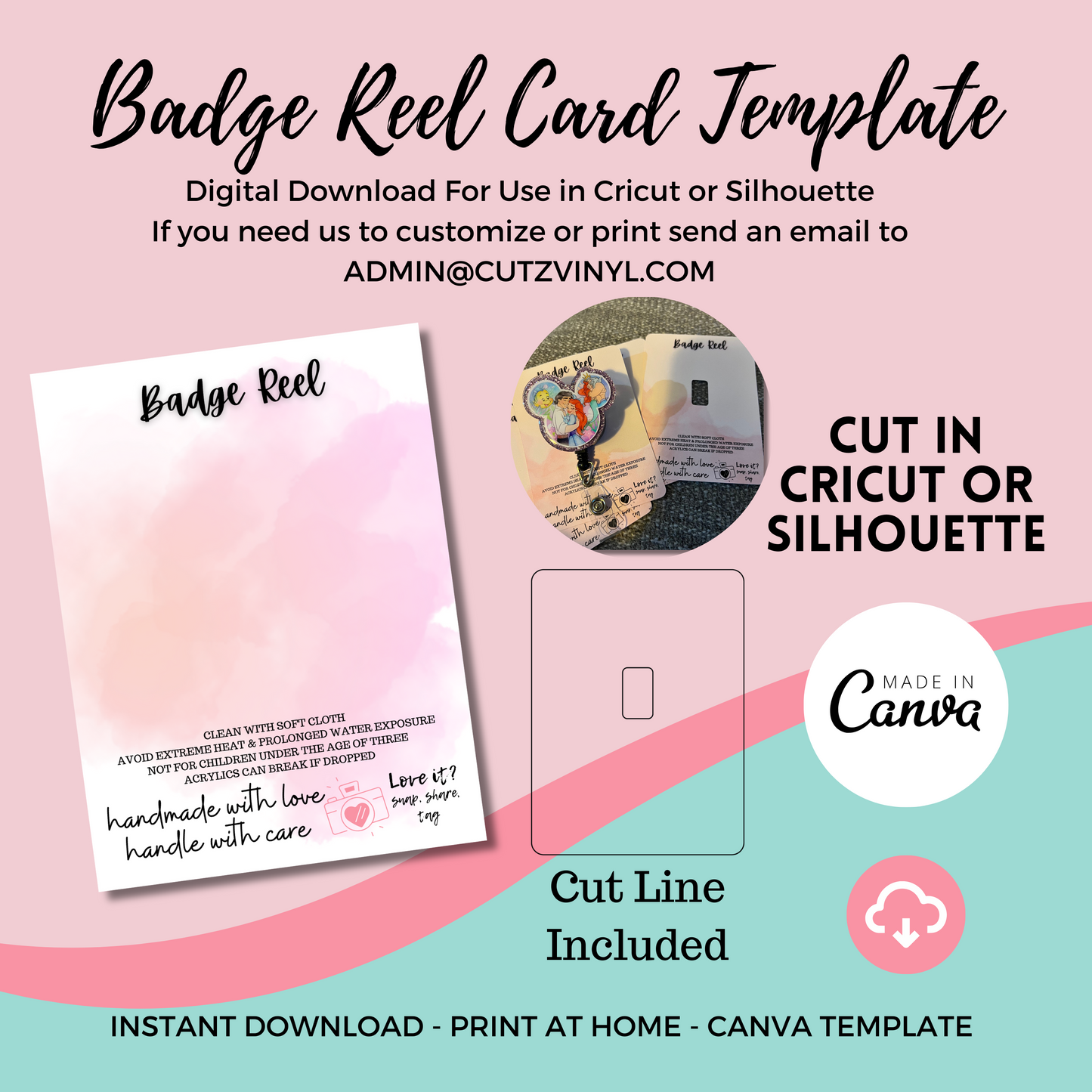 Badge Reel Card Template Pink Watercolor (DIGITAL DOWNLOAD)