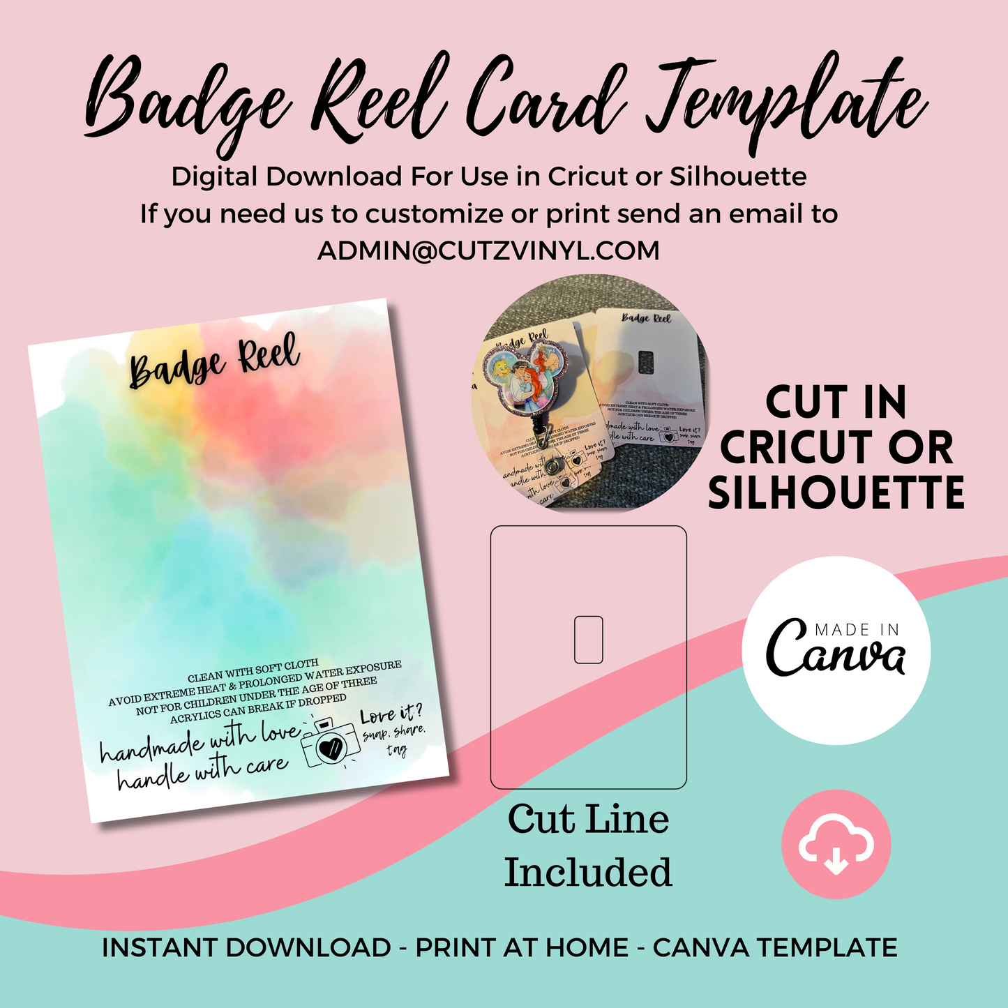 Badge Reel Card Template Rainbow Watercolor (DIGITAL DOWNLOAD)