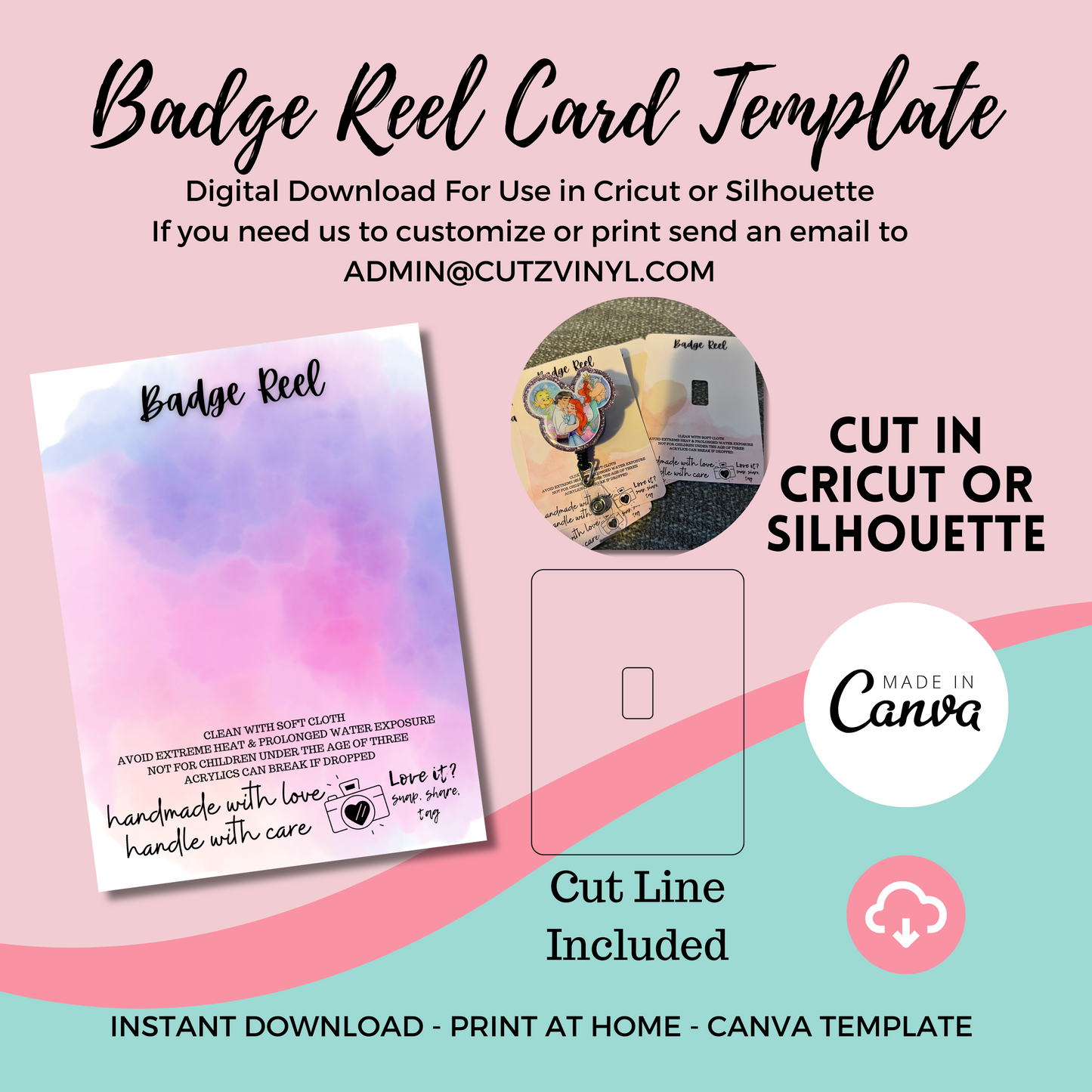 Badge Reel Card Template Purple Pink Watercolor (DIGITAL DOWNLOAD)