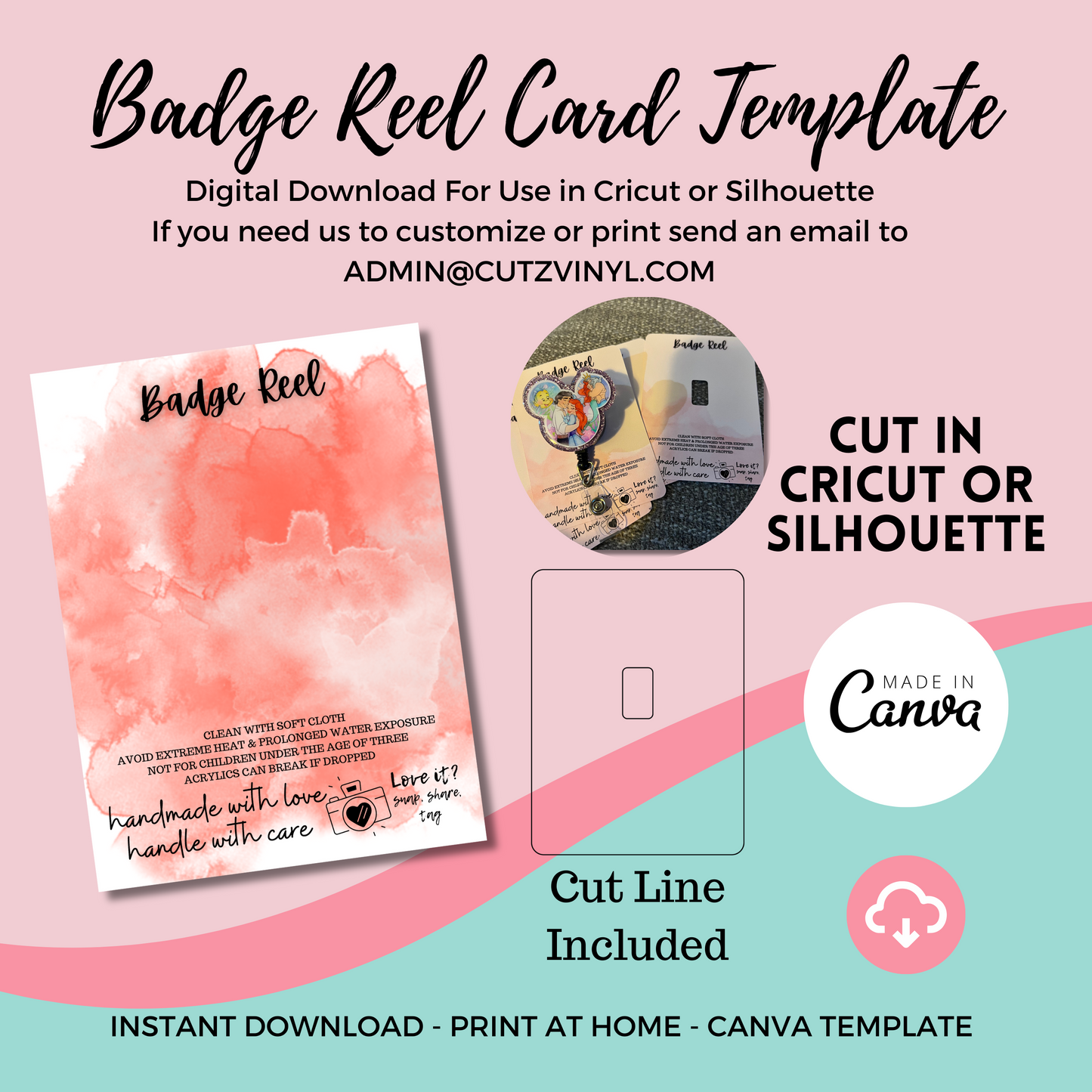 Badge Reel Card Template Coral Watercolor (DIGITAL DOWNLOAD)
