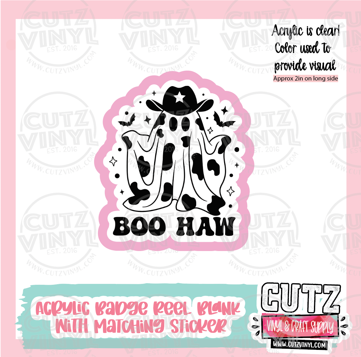 Cow Boy BooHaw Acrylic Badge Reel Blank and Matching Sticker