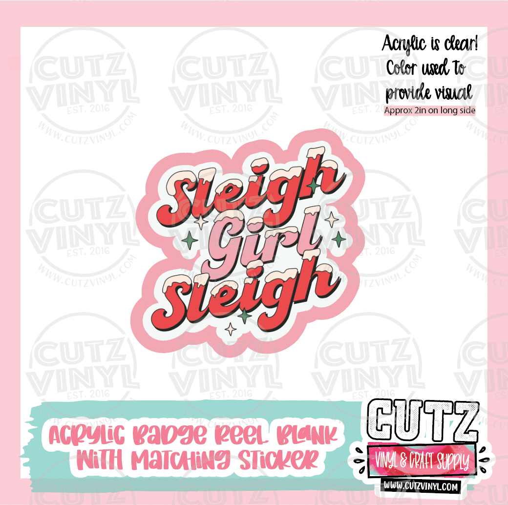 Christmas Sleigh Girl - Acrylic Badge Reel Blank and Matching Sticker
