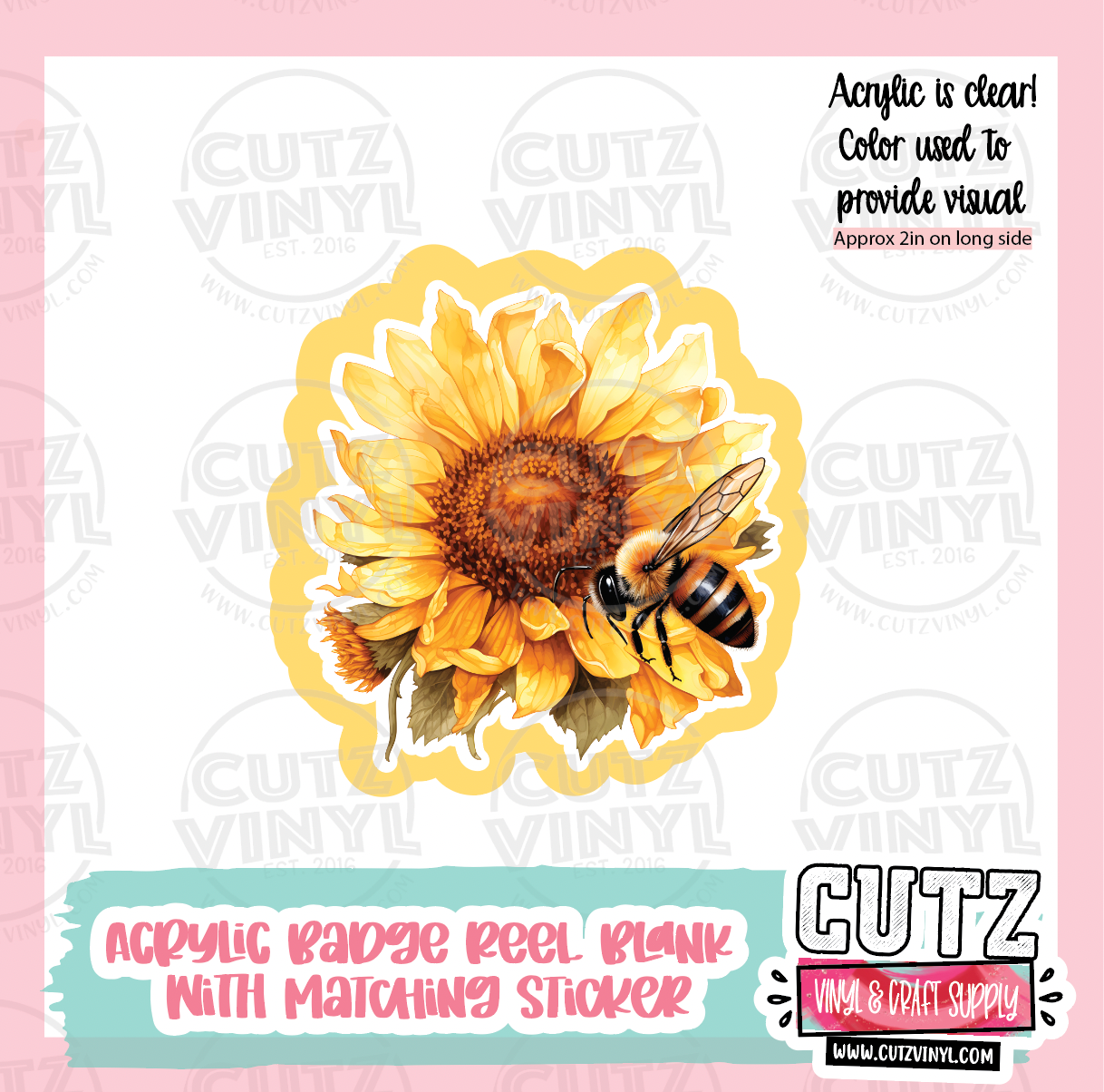 Sunflower Bee - Acrylic Badge Reel Blank and Matching Sticker
