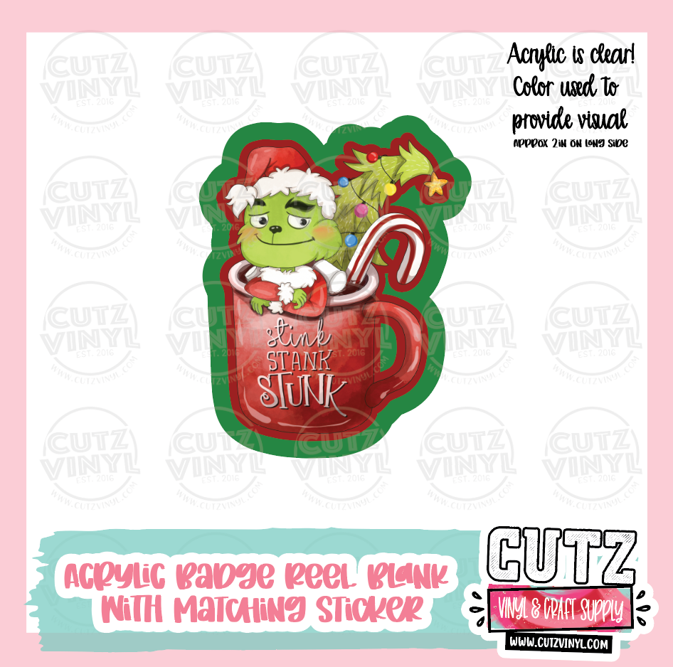 Christmas Mug Stink - Acrylic Badge Reel Blank and Matching Sticker