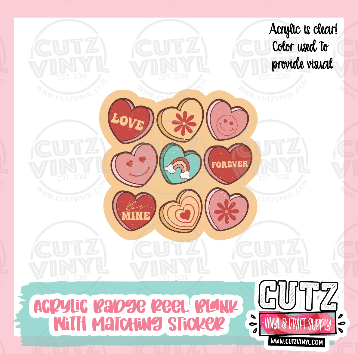 Retro Heart Candy  - Acrylic Badge Reel Blank and Matching Sticker