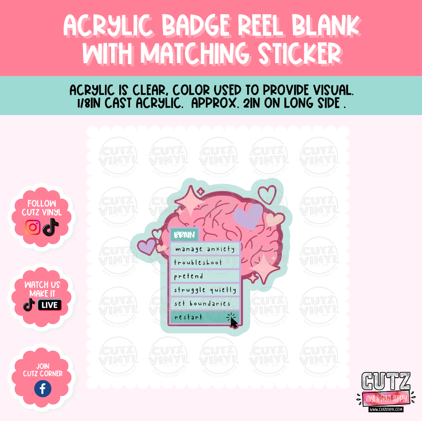 Brain Restart - Acrylic Badge Reel Blank and Matching Sticker